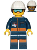 LEGO cty1038 Rocket Engineer - Female, Dark Blue Jumpsuit, White  Construction Helmet with Dark Brown Ponytail Hair, Light Blue Goggles and Face Covered with Dirt